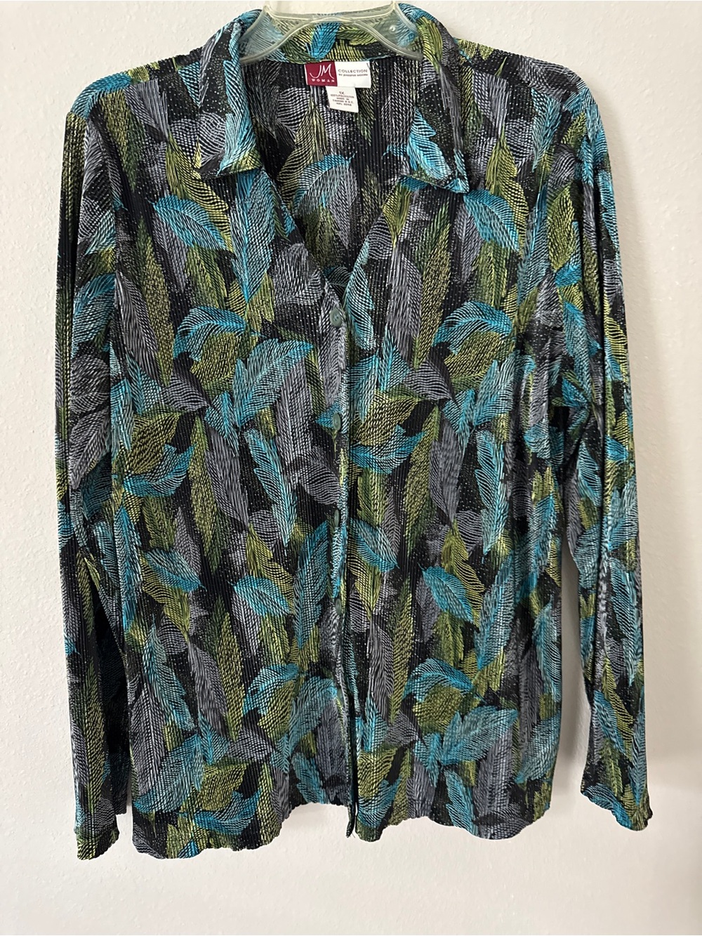 JM Collection Black Leaf-Print Pleated Blouse with Teal & Olive Accents